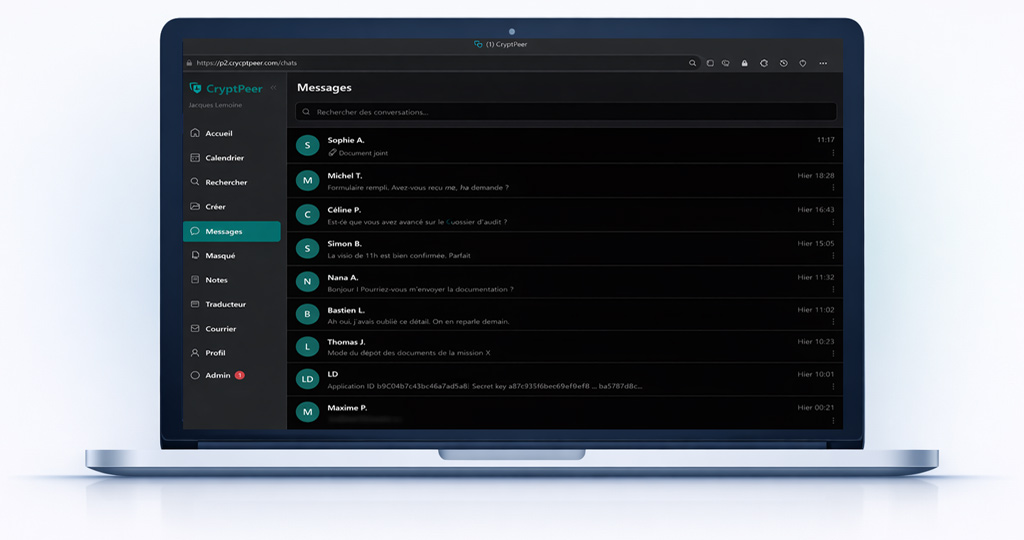 Interface CryptPeer en français montrant la messagerie sécurisée et la collaboration
