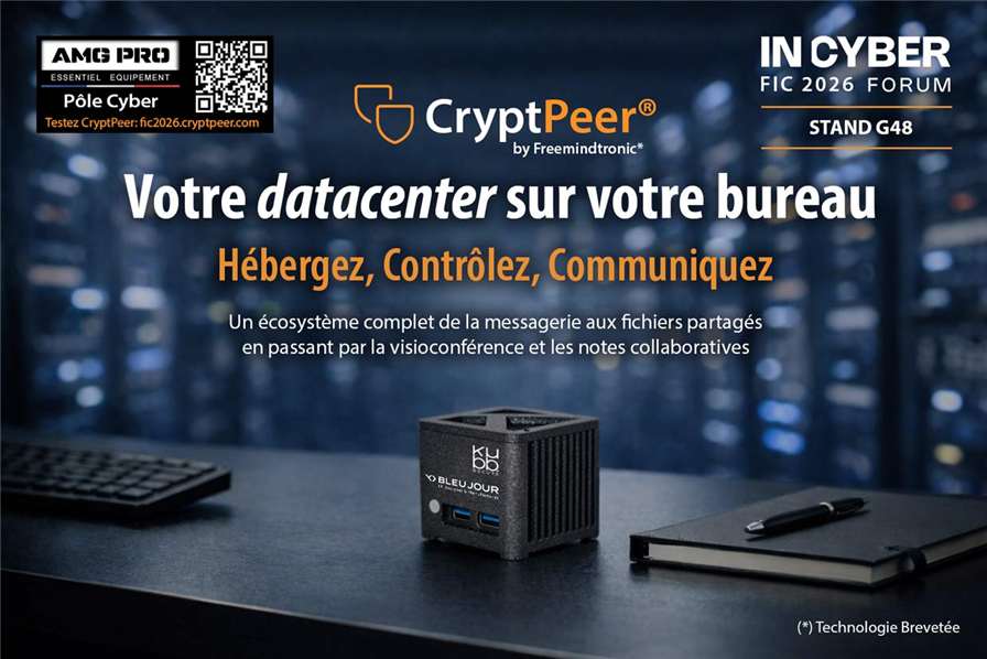CryptPeer — souveraineté des données et collaboration sécurisée — visuel salon FIC 2026, stand G48 AMG PRO Pôle Cyber