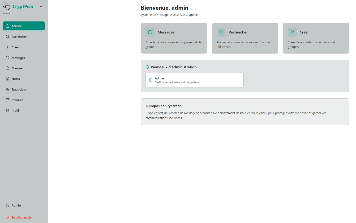 Page d'accueil CryptPeer — Barre latérale avec icône Admin (3), Messages, Rechercher, Créer et Panneaux d'administration