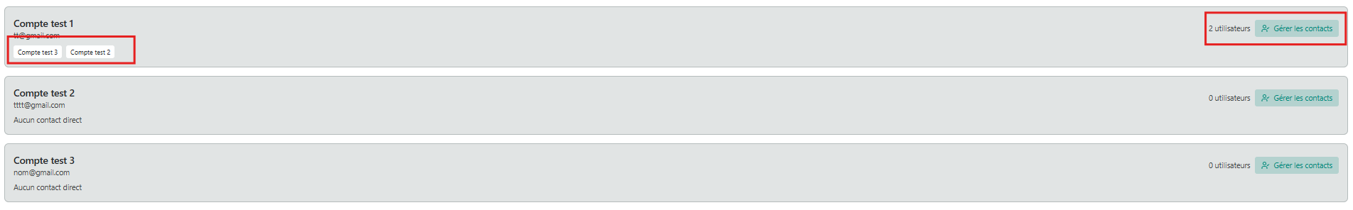 Utilisateur avec contacts directs assignés — Compte test 1 avec Compte test 2 et Compte test 3