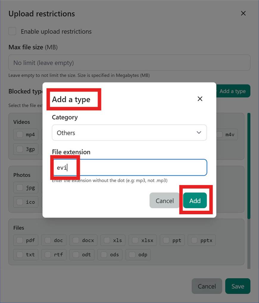 Add .evi file type in upload restrictions