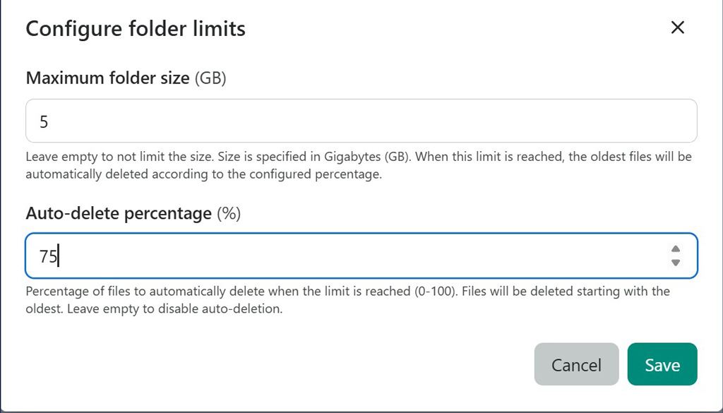Configure upload folder limits