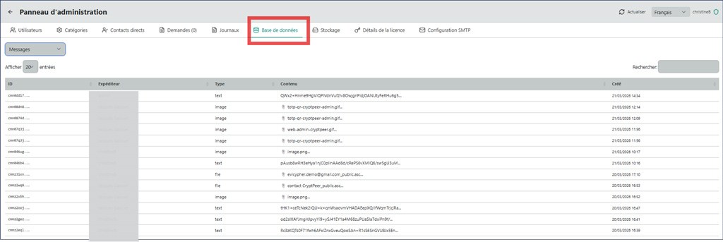 Administration panel — Database tab
