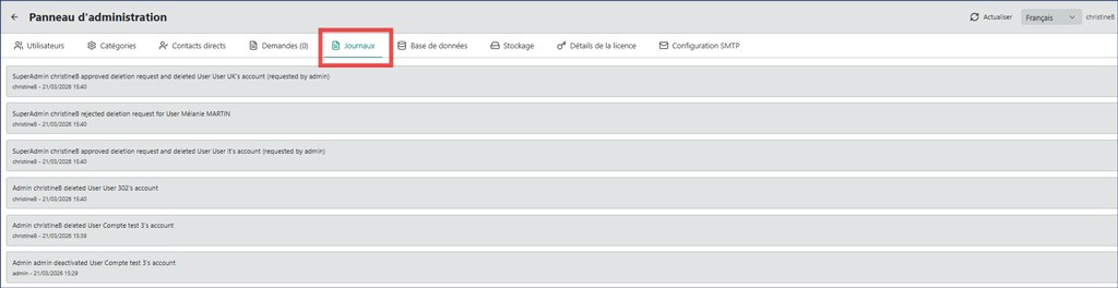 Administration panel — Logs tab