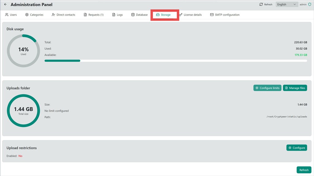 Administration panel — Storage management