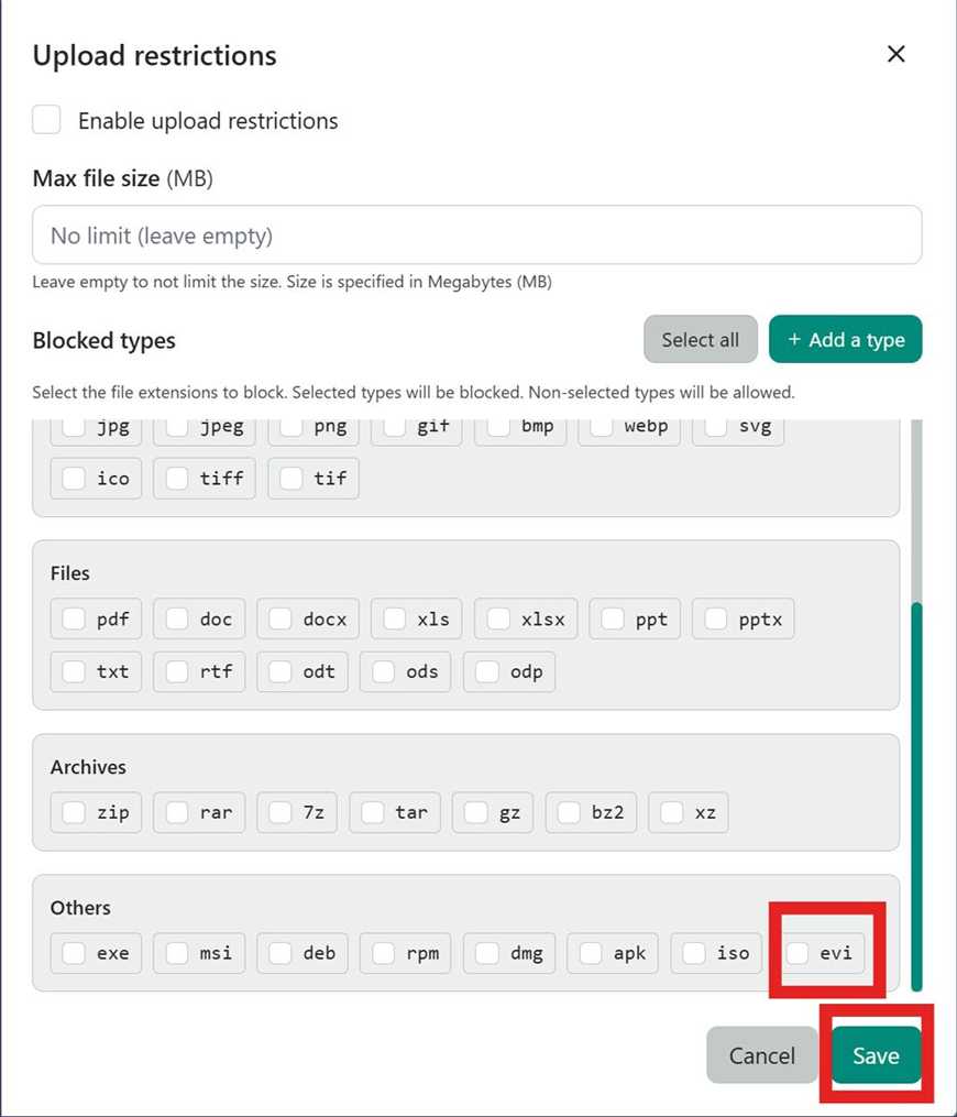 Upload restrictions — general configuration