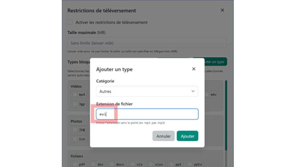 Ajout du type de fichier .evi dans les restrictions de téléversement