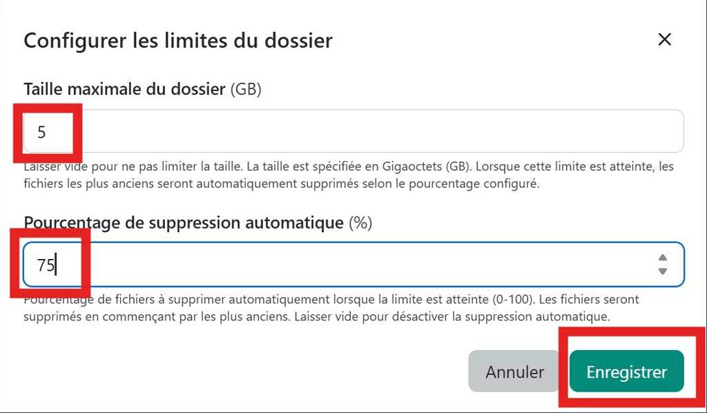 Configurer les limites du dossier des uploads