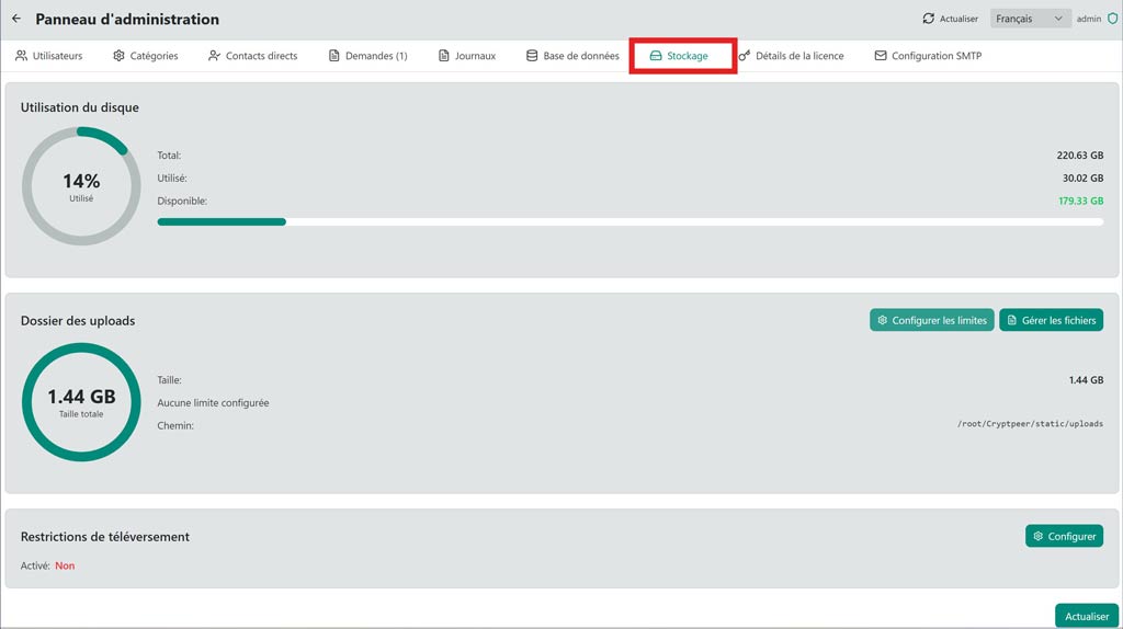 Panneau d'administration — Gestion du stockage