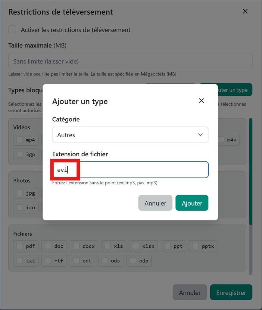 Restrictions de téléversement — configuration générale