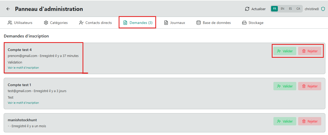 Onglet Demandes d'inscription — Liste des inscriptions en attente avec Valider et Rejeter