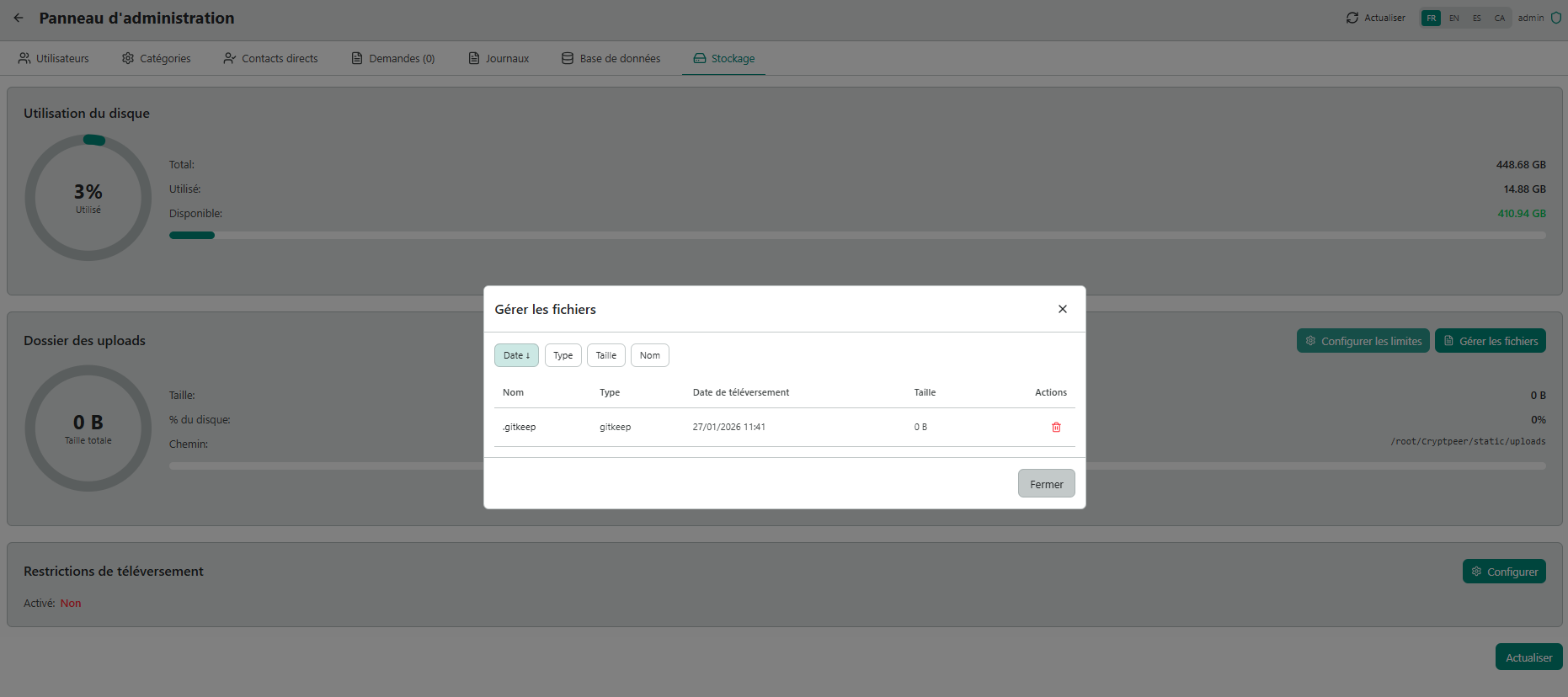 Gérer les fichiers — liste des fichiers avec tri et actions de suppression