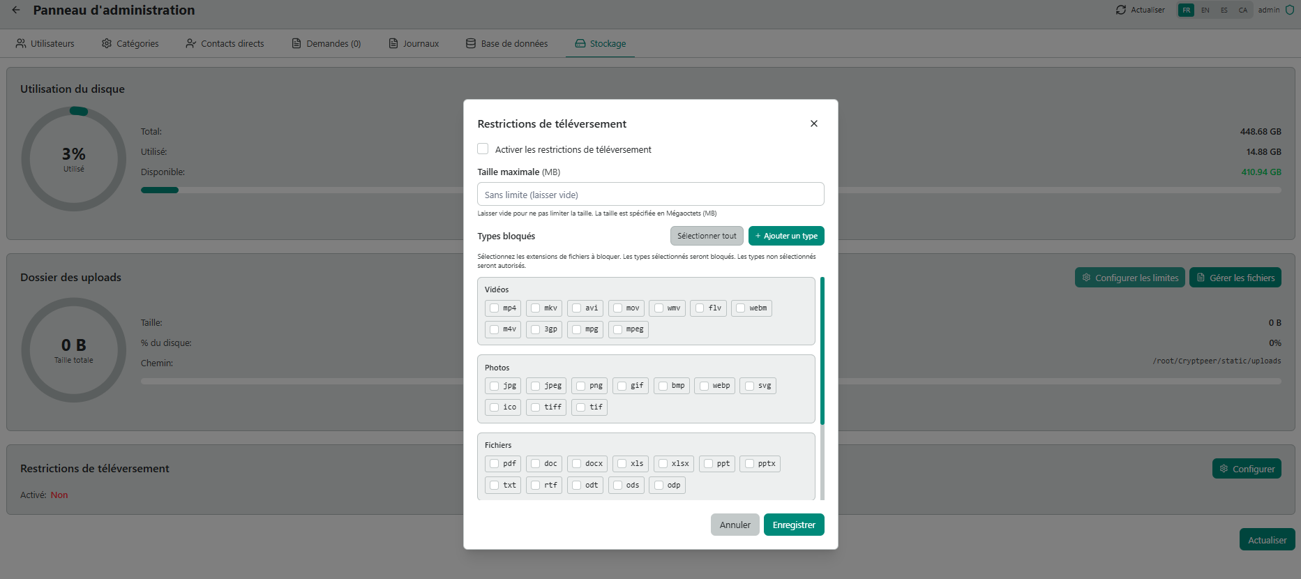 Restrictions de téléversement — taille maximale, types de fichiers bloqués