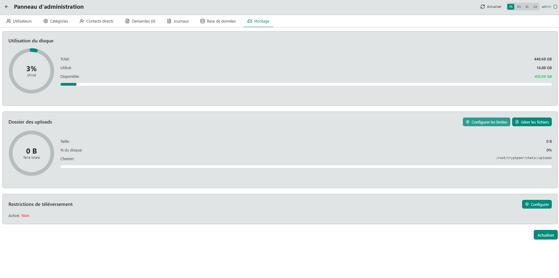Panneau d'administration — Onglet Stockage : utilisation du disque, dossier des uploads, restrictions de téléversement