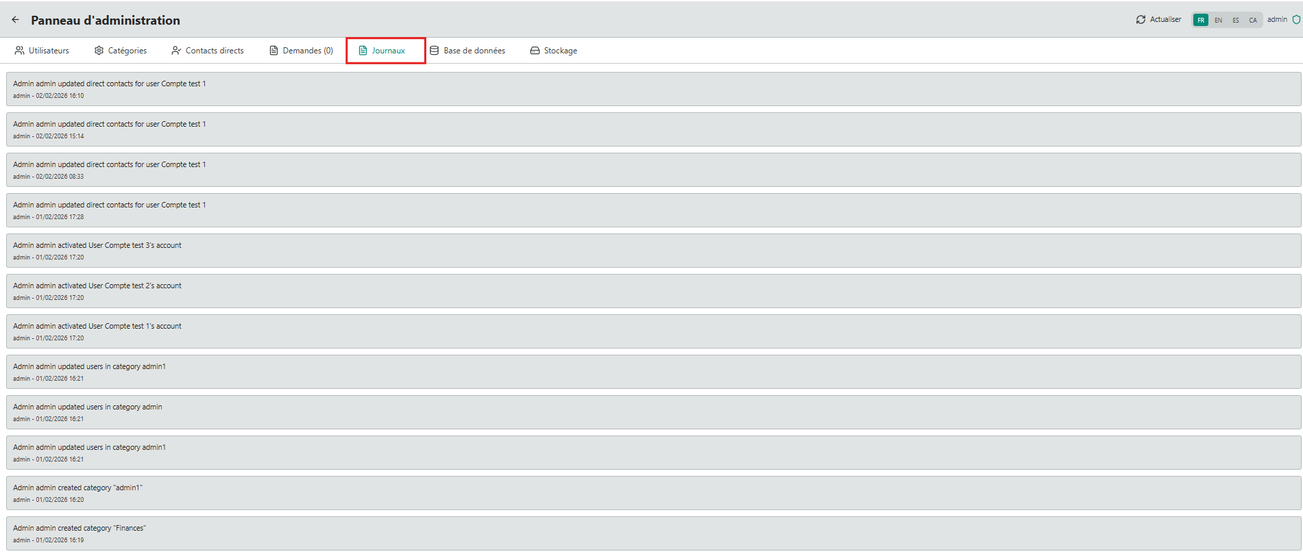 Panneau d'administration — Onglet Journaux avec liste chronologique des actions administratives